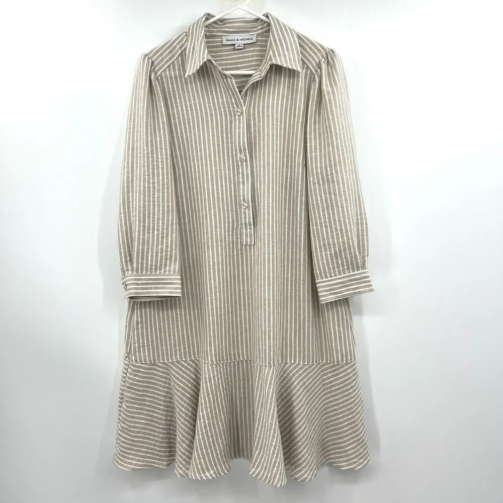 Emma & Michele M Beige Striped Shirt Dress Collared Tiered Ruffle Hem Popover